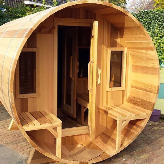 Barrel Sauna 670CP Changeroom - Porch Clear Cedar Electric Heat - Sun'n'Fun Pool & Spa