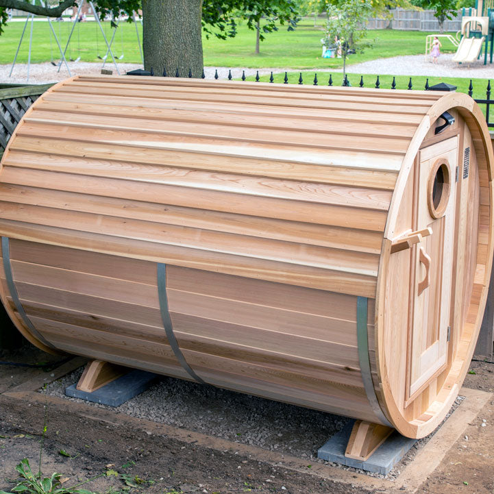 Barrel Sauna 760PE Porch Clear Cedar Electric Heat - Sun'n'Fun Pool & Spa