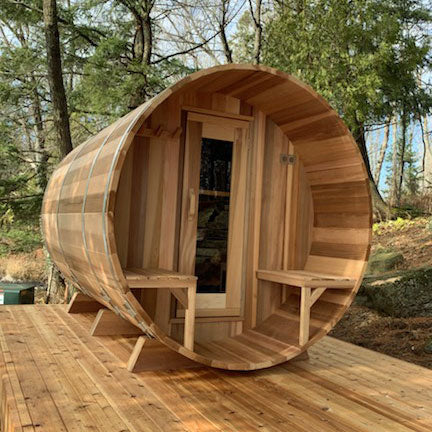 Barrel Sauna 670PE Porch Clear Cedar Electric Heat - Sun'n'Fun Pool & Spa