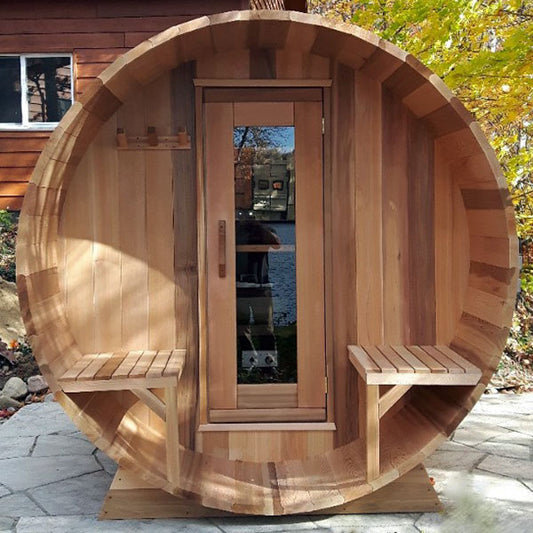 Barrel Sauna 670PE Porch Clear Cedar Electric Heat - Sun'n'Fun Pool & Spa
