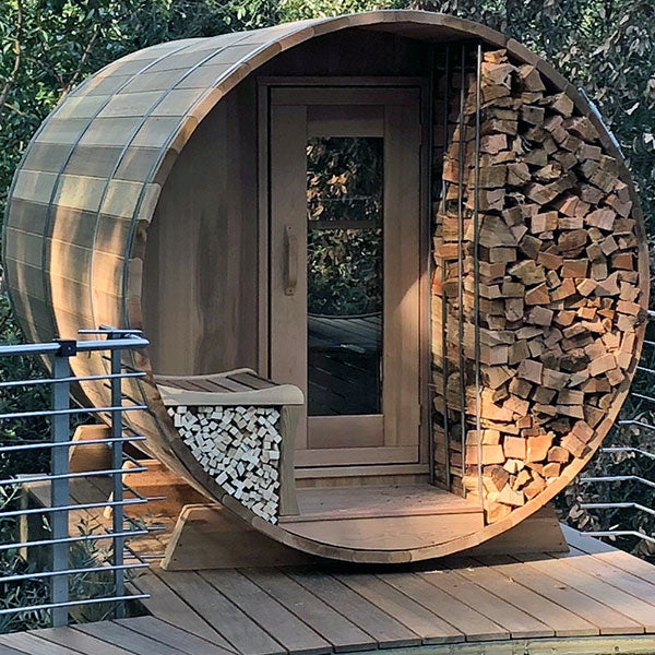 Barrel Sauna 680PW Porch Clear Cedar Wood Heat - Sun'n'Fun Pool & Spa
