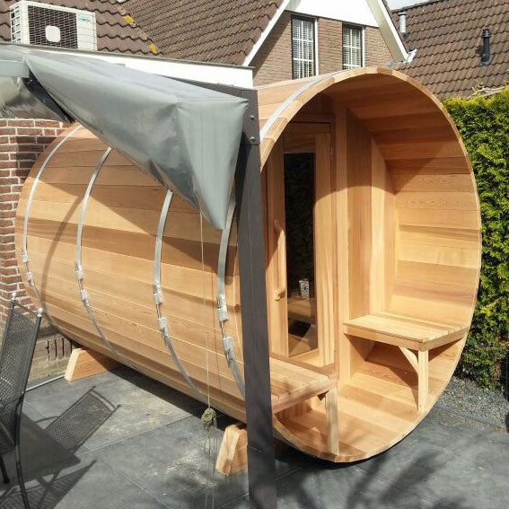 Barrel Sauna 680PW Porch Clear Cedar Wood Heat - Sun'n'Fun Pool & Spa