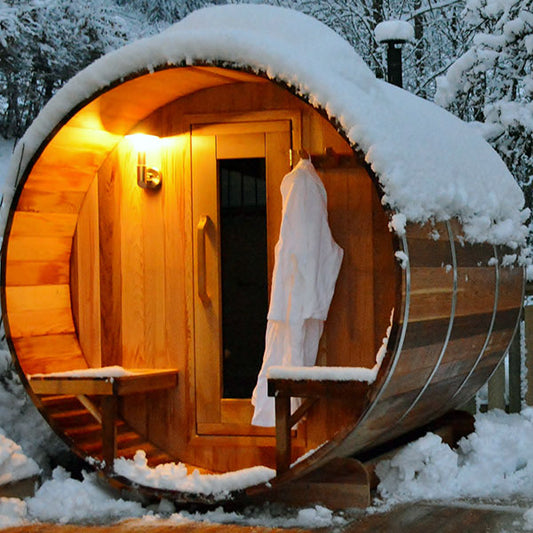 Barrel Sauna 670PE Porch Clear Cedar Electric Heat - Sun'n'Fun Pool & Spa
