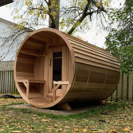 Barrel Sauna 770PE Porch Clear Cedar Electric Heat - Sun'n'Fun Pool & Spa