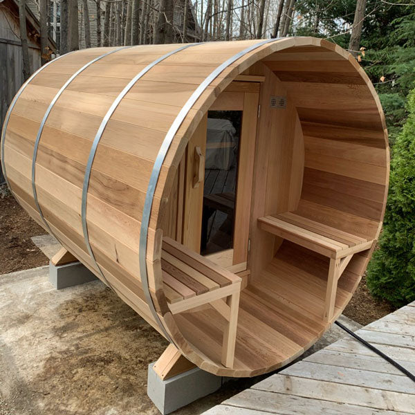 Barrel Sauna 770PW Porch Clear Cedar Wood Heat - Sun'n'Fun Pool & Spa
