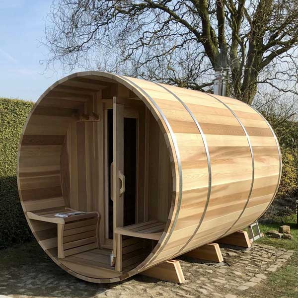Barrel Sauna 780CP Changeroom - Porch Clear Cedar Electric Heat