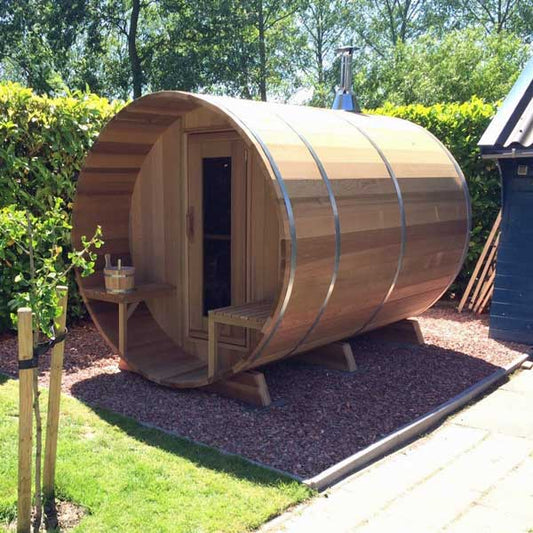 Barrel Sauna 670CP Changeroom - Porch Clear Cedar Electric Heat - Sun'n'Fun Pool & Spa