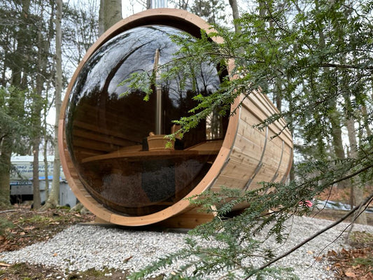 Panoramic Sauna with Changeroom & Porch 770PVCPE-772PVCPE Outdoor Clear or Knotty Red Cedar - Sun'n'Fun Pool & Spa