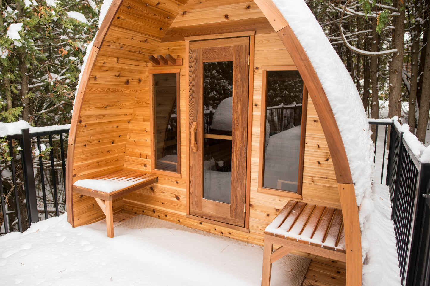 POD with Changeroom & Porch Outdoor Sauna 8 x 7 Clear or Knotty Red Cedar - Sun'n'Fun Pool & Spa