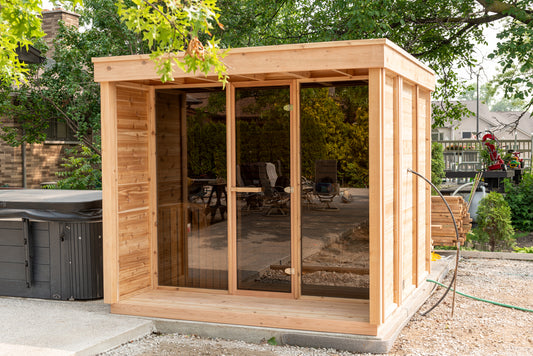 Pure Cube Sauna CU670P/CU672P Outdoor with Porch Clear or Knotty Red Cedar - Sun'n'Fun Pool & Spa
