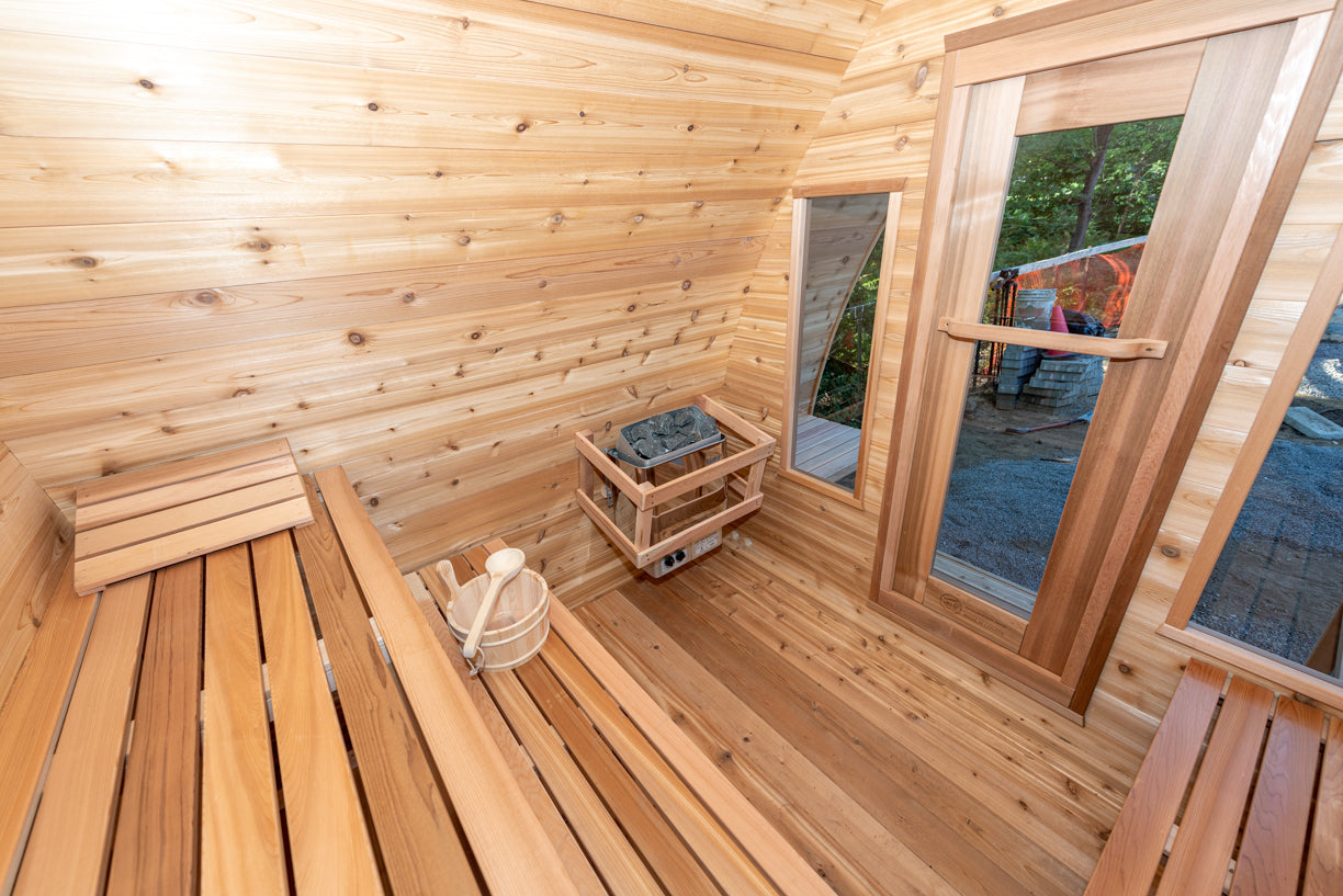 MiniPOD Outdoor Sauna 7 x 7 Clear or Knotty Red Cedar - Sun'n'Fun Pool & Spa