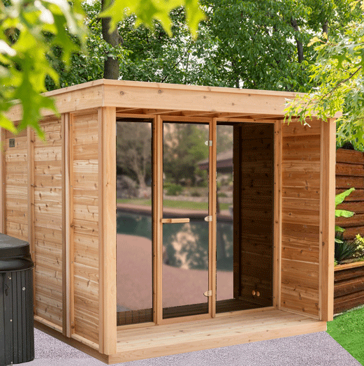 Pure Cube Sauna CU670P/CU672P Outdoor with Porch Clear or Knotty Red Cedar - Sun'n'Fun Pool & Spa