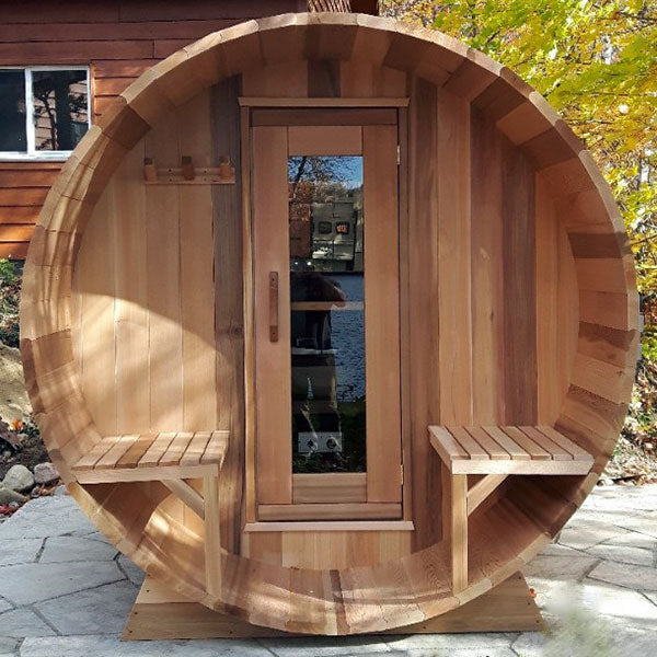 Barrel Sauna 780CPW Changeroom - Porch Clear Cedar Wood Heat