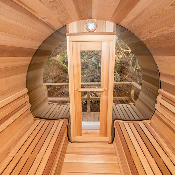 Barrel Sauna 780CE Changeroom Clear Cedar Electric Heat