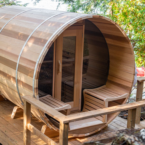 Barrel Sauna 780CPW Changeroom - Porch Clear Cedar Wood Heat