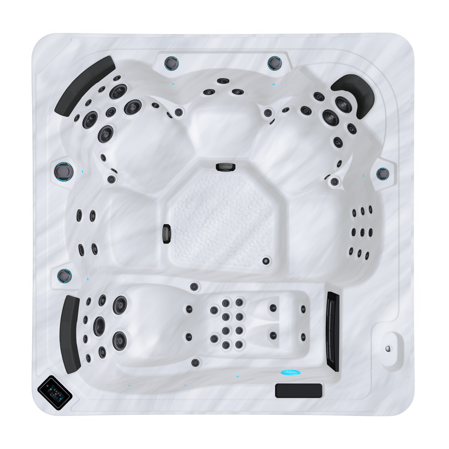 Top view of U936 hot tub with black jets on a white background