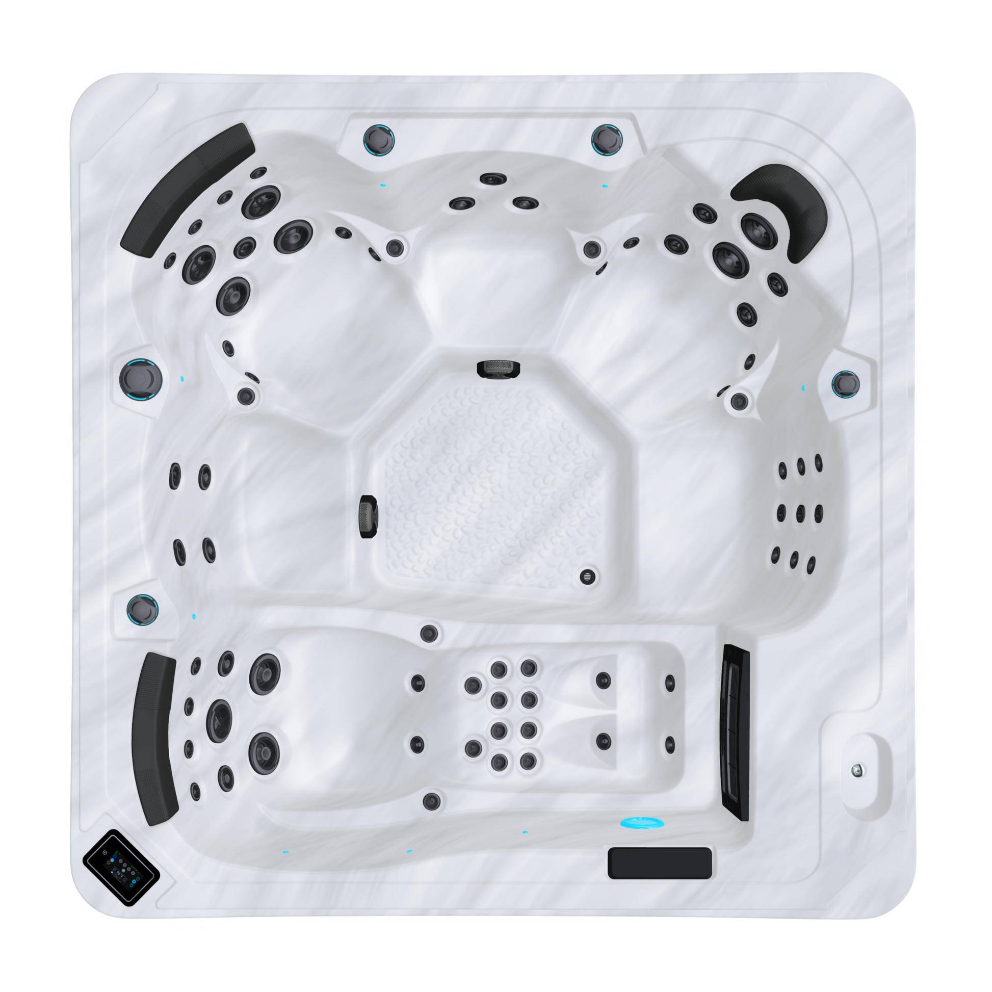 Top view of U936 hot tub with black jets on a white background