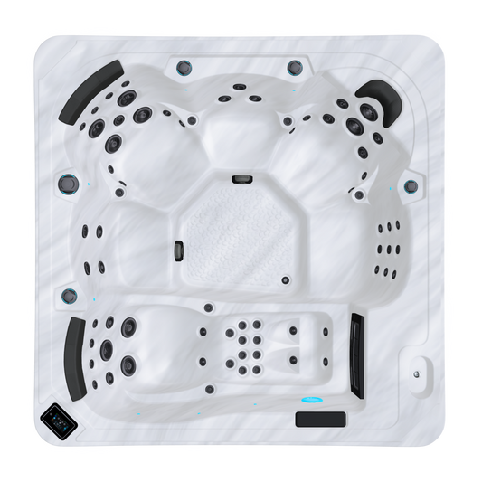 Top view of U936 hot tub with black jets on a white background